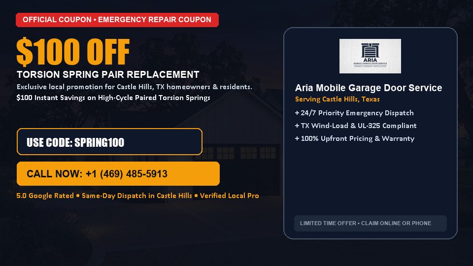 $100 OFF Dual High-Cycle Torsion Spring Replacement in Castle Hills, TX - Aria Mobile Garage Door Service