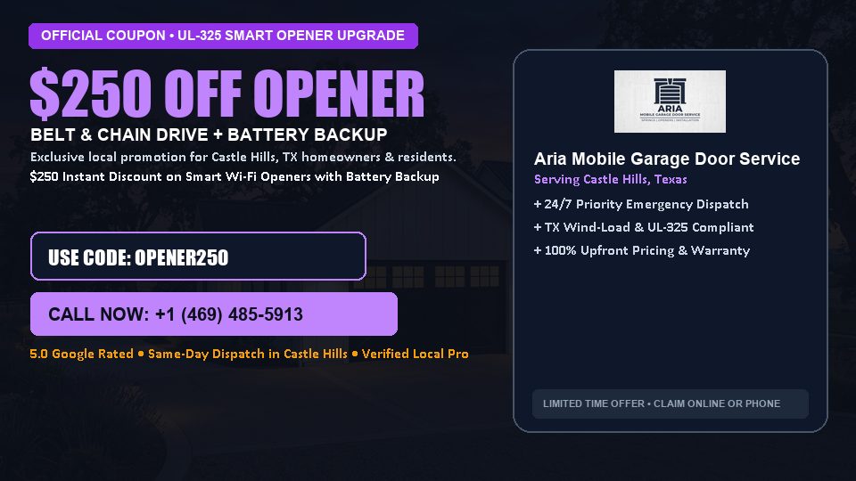 $250 OFF Smart Wi-Fi Garage Door Opener Installation in Castle Hills, TX - Aria Mobile Garage Door Service
