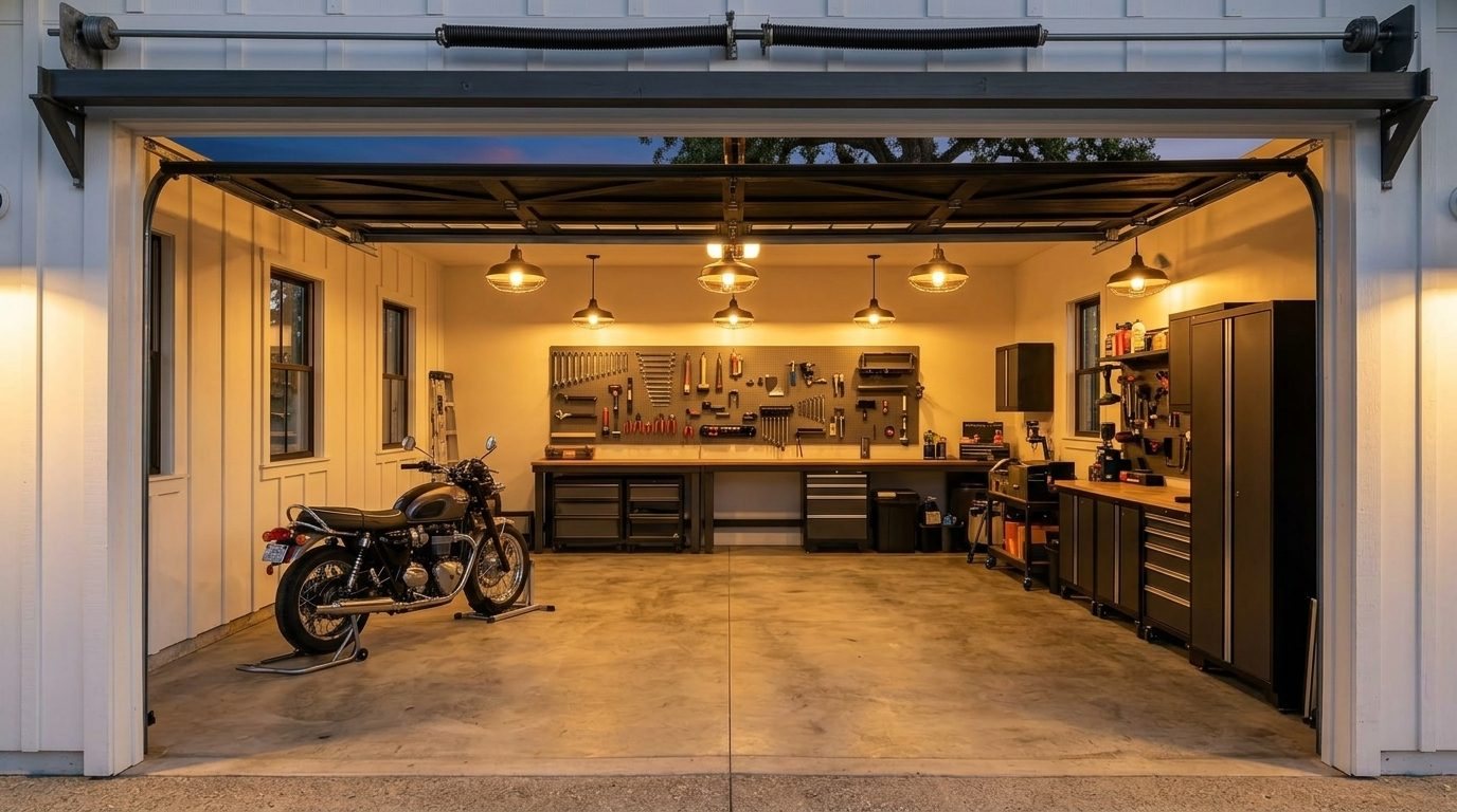 Aria Mobile Garage Door Service Interior View of Custom Garage Door Overhead and Workshop